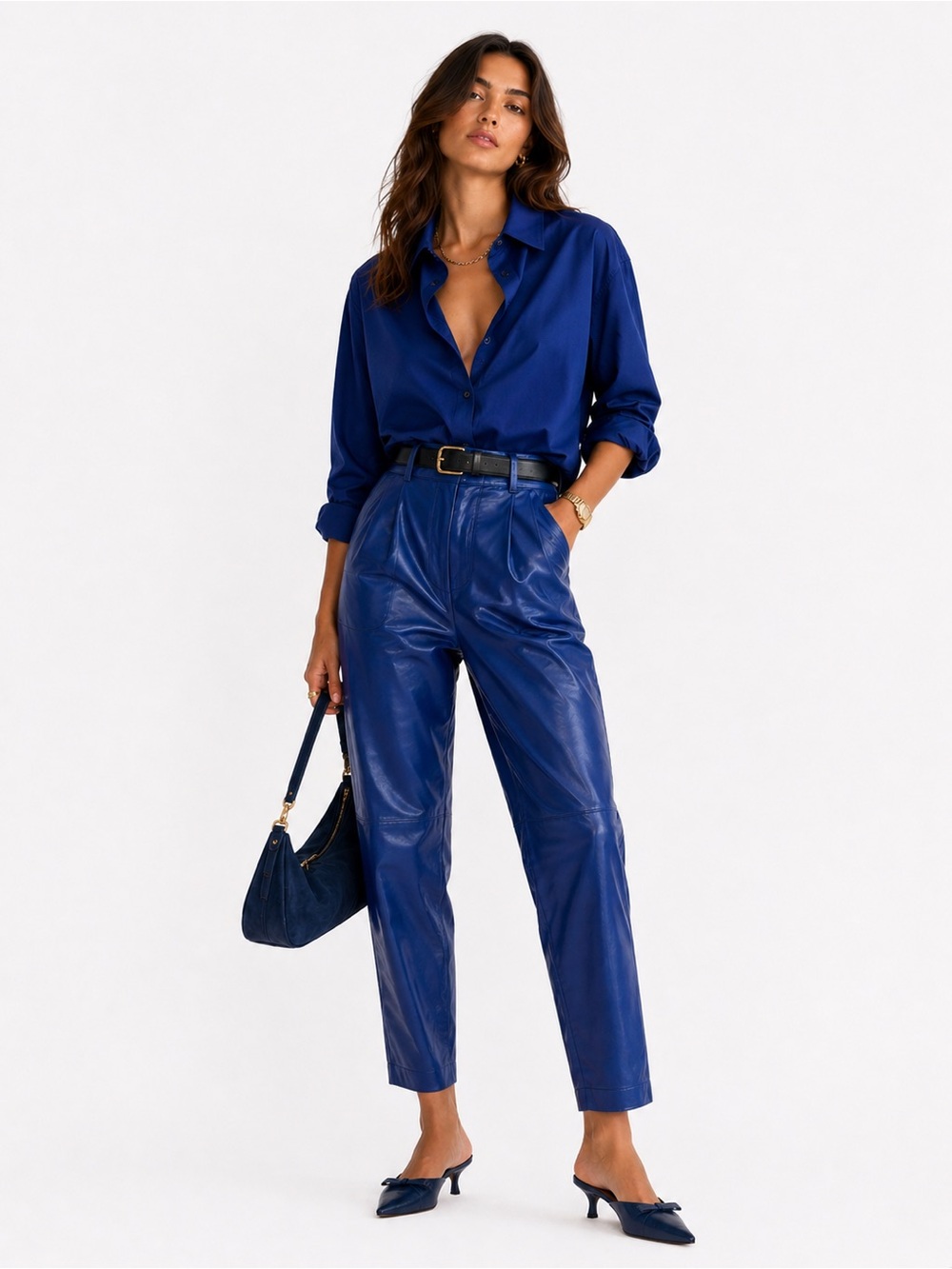 Vintage Saks Fifth Avenue Blue Leather High Waisted Tapered Pants Size 8‎ Korea